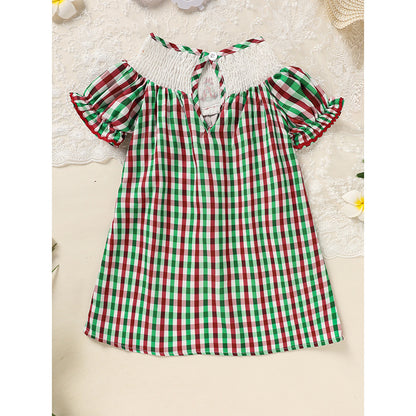 US Local Toddler Infant Baby Girls Christmas Dress Short Sleeve Christmas Tree Embroidered Plaid Casual Party Dresses
