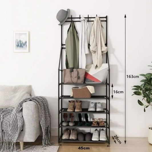 US Local 5 Tiers Shoe Rack For Entryway, Narrow Shoe Rack, Coat And Shoe Rack With 8 Hooks - Not Shipped On Weekends