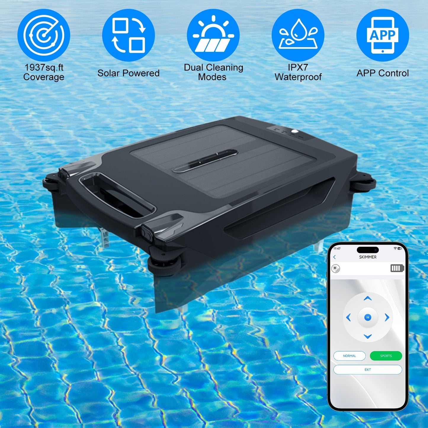 US Local 1 Pc Solar Powered Robotic Pool Skimmer Automatic Swimming Pool Surface Cleaner With 2 Cleaning Modes Dual Charging Methods IPX7 Waterproof 1937sq.ft Coverage APP Control