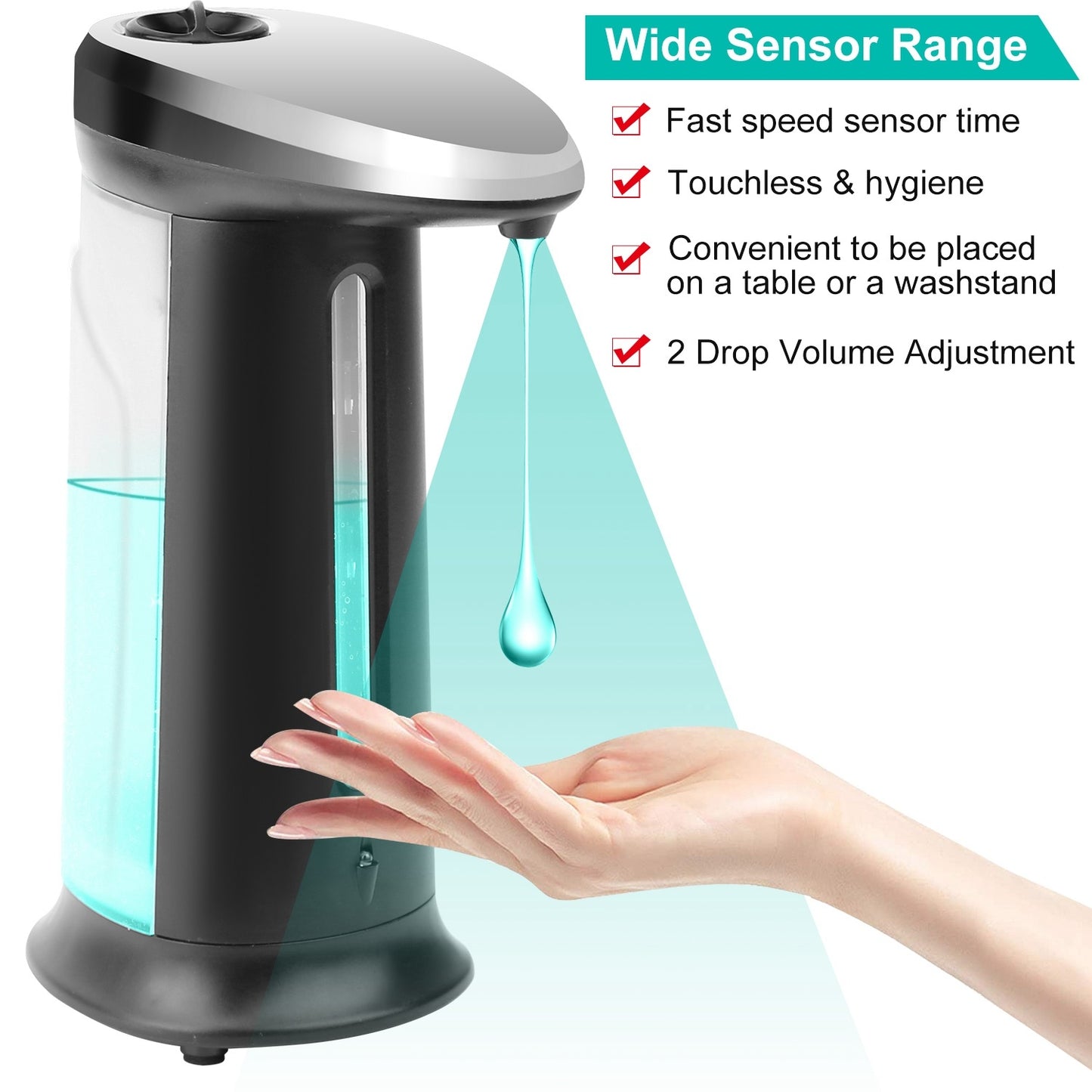 US Local 1Pc Automatic Soap Dispenser 400ML 16.9OZ Anti-slip Sensor Refillable Hand Gel Desktop Dispenser 2 Drop Volume Adjustment