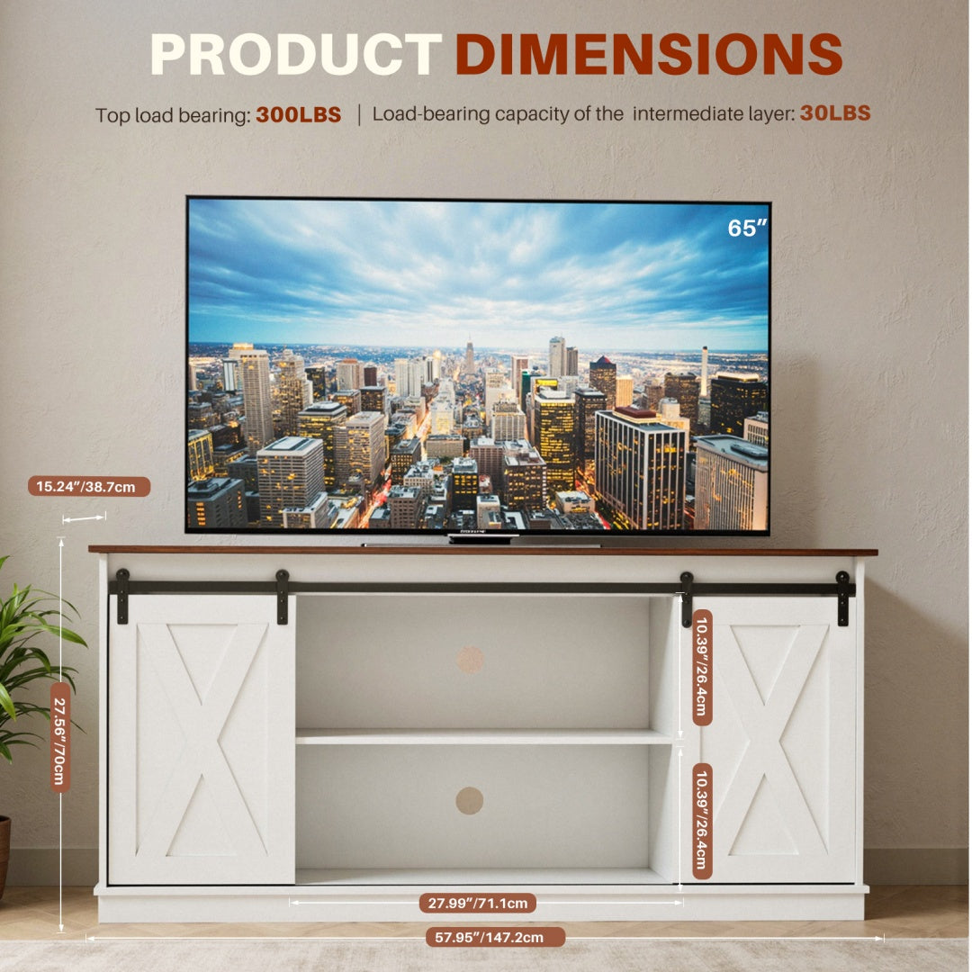 US Local 65-inch Solid Wood TV Cabinet With Double-layer Storage Space Sliding Door, Modern Living Room Furniture