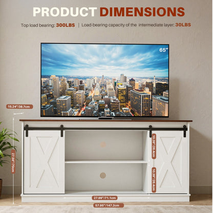 US Local 65-inch Solid Wood TV Cabinet With Double-layer Storage Space Sliding Door, Modern Living Room Furniture