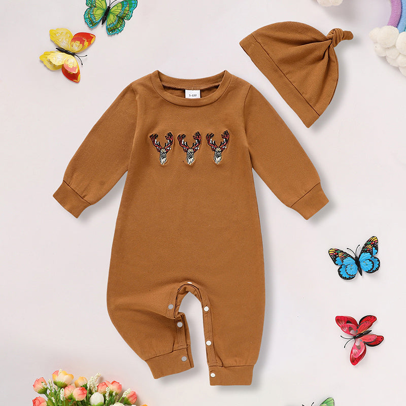 US Local Newborn Baby Boy Outfits Long Sleeve Animal Print Romper & Hat 2Pcs Fall Winter Clothes Set