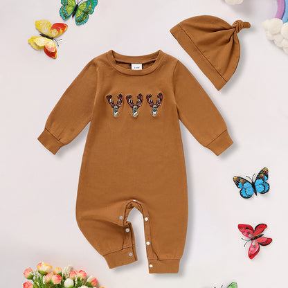 US Local Newborn Baby Boy Outfits Long Sleeve Animal Print Romper & Hat 2Pcs Fall Winter Clothes Set