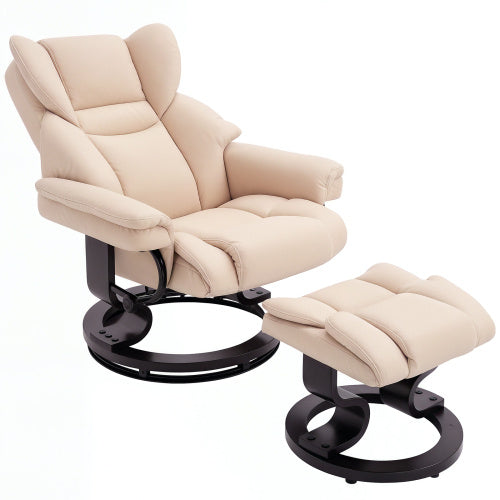 UK Local HOMCOM 360 Swivel Recliner Chair With Footstool, PU Leather Manual Recliner Armchair With Solid Wood Base, Upholstered Reclining Chair For Living Room, Bedroom, Office, Cream