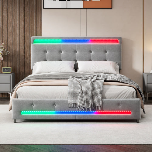 UK Local Upholstered Bed, 4ft6 Double Bed 135x190cm, Storage Bed, Soft Backrest, 4 Drawers With Pulleys, Light Strips Around The Bed, Metal Underbed Bracket, With Bed Slats, For Adults  Teenagers, Velvet,Grey