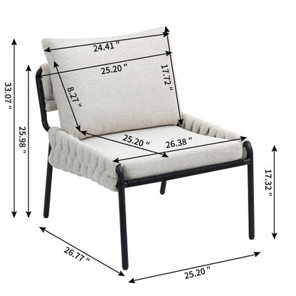 US Local Modern Accent Lounge Chair With Braided Upholstery And Metal Frame, Comfortable Armchair For Living Room Or Bedroom, Soft Cushioned Seat And Backrest, Set Of 1