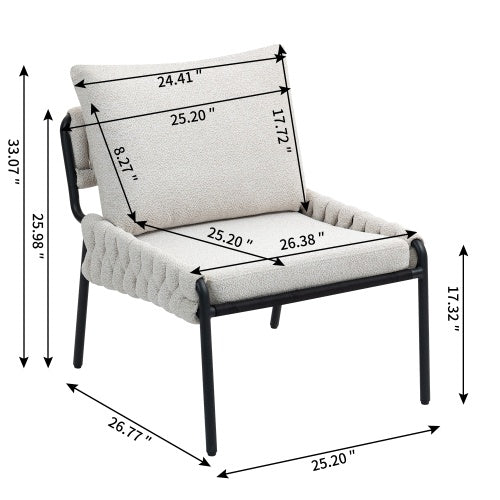 US Local Modern Accent Lounge Chair With Braided Upholstery And Metal Frame, Comfortable Armchair For Living Room Or Bedroom, Soft Cushioned Seat And Backrest, Set Of 1