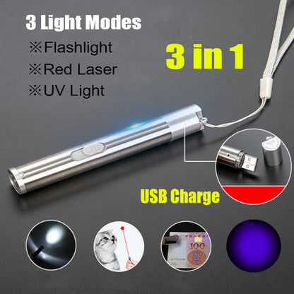 US Local Red Laser Pointer Pen USB Rechargeable LED Light 3 In 1 UV Flashlight Cat Dog Toys