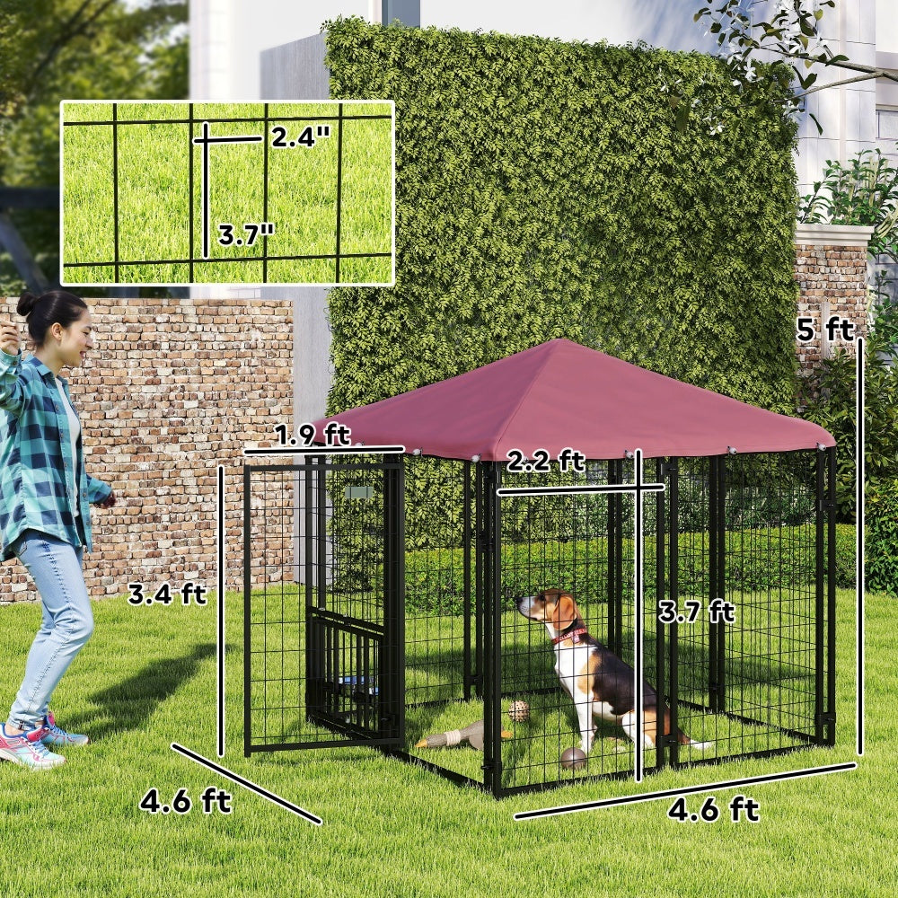 US Local Welded Wire Outdoor Dog Kennel With 360 Rotating & 4 Levels Adjustable Bowls, Waterproof Cover, 4.6 X 4.6 X 5
