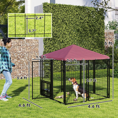 US Local Welded Wire Outdoor Dog Kennel With 360 Rotating & 4 Levels Adjustable Bowls, Waterproof Cover, 4.6 X 4.6 X 5