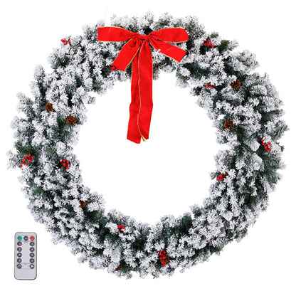 US Local 60in Pre-lit Snow Flocked Christmas Wreath, Lighted Artificial Xmas Wreath With 220 Warm White Lights And 600 PVC Tips And DIY Ornaments, For Front Door Gate Wall Xmas Party Decorations, Snowy Green