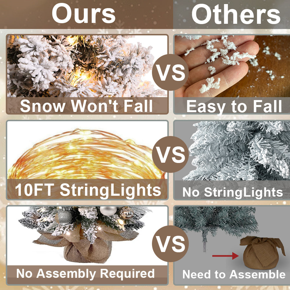 US Local 2ft Mini Christmas Tree With Light Artificial Small Tabletop Christmas Decoration With Flocked Snow, Exquisite Decor & Xmas Ornaments For Table Top For Home & Office, Rose Gold