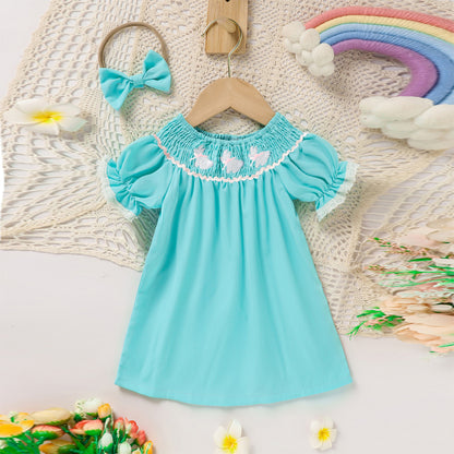 US Local Toddler Girl's Bunny Dress Bow Headband Ruffle Sleeve Smocked Dress With Rabbit Embroidery For Summer
