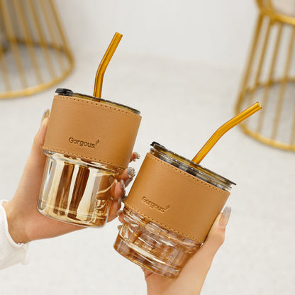 Creative Portable Bamboo Cup With Lid Straw Glass