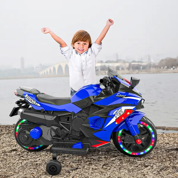 US Local Kids Powered Ride-ons Toy, Kids Motorcycle For 3-6 Years, 12V Electric Ride On Motorcycle With Light Wheel & Bluetooth Music-Blue