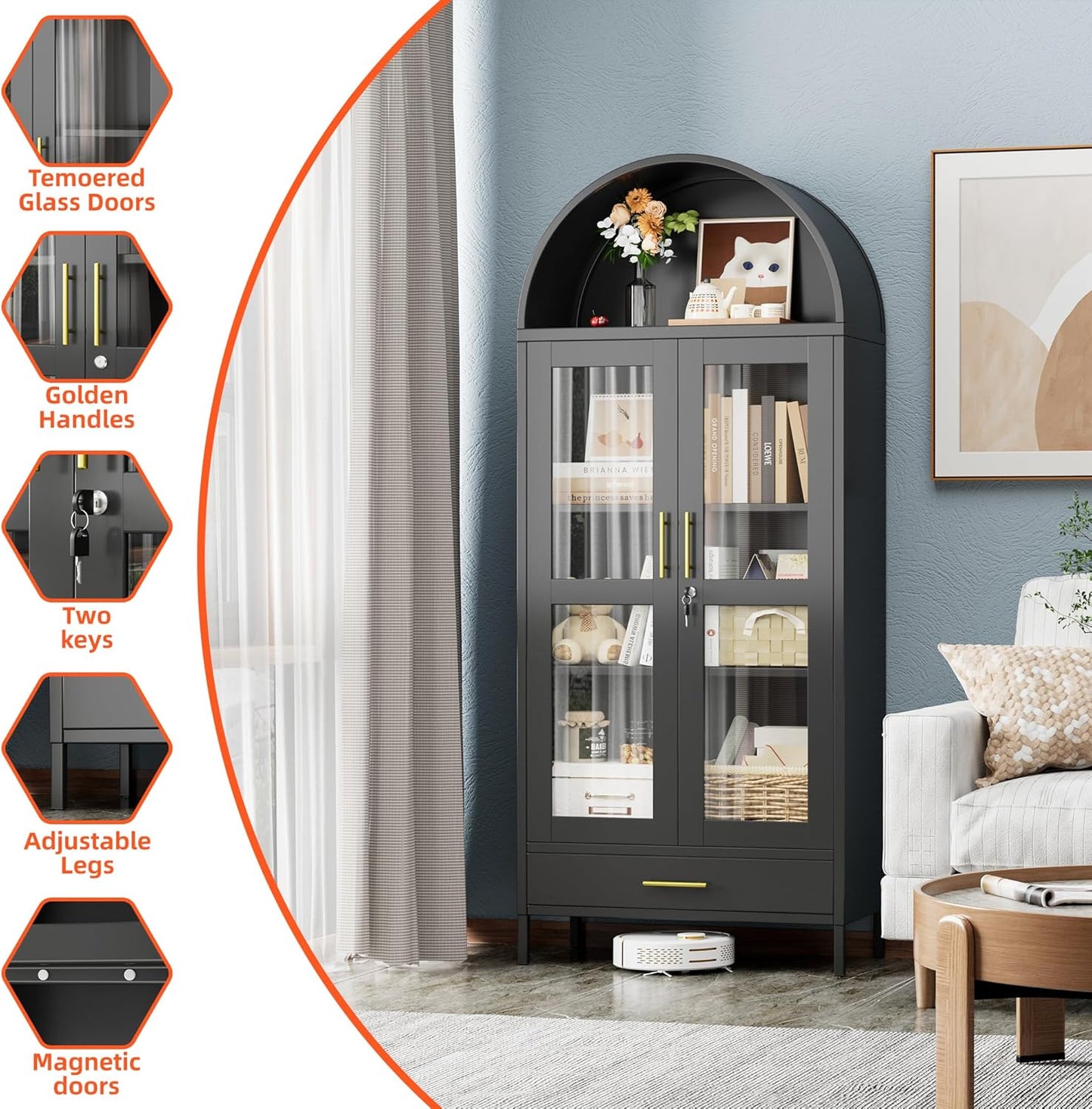 US Local Metal Arched Display Cabinet With Lock, Modern Arch Kitchen Pantry Storage Cabinet With Glass Doors 1 Drawer For Living Room, Bookshelf, Assembly Required Black