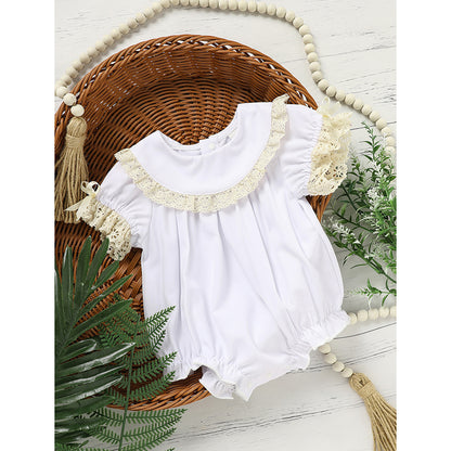 US Local Baby Girl White Lace Romper Soft & Stylish Short Sleeve Bubble Jumpsuit For Wedding Season & Summer