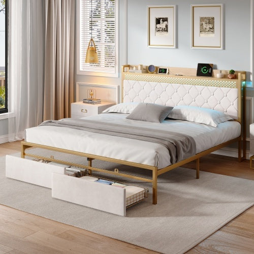 UK Local 4ft6 Double Bed Frame With 2 Storage Drawers, RGB LED Storage Headboard With Charging Station, Velvet Bed Frame, With Chrome Decoration, No Box Spring Needed, Easy Assembly, Beige