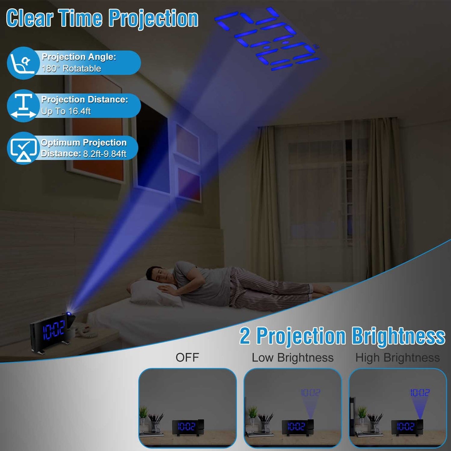 US Local 1 Pc Projection Alarm Clock With Radio Function Curved Screen LED Digital Alarm Clock With Dual Alarms 4 Dimmer 12-24 Hour USB Charging Port 180Degree Rotatable Projection