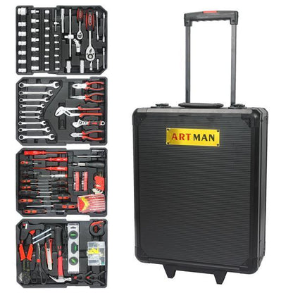 US Local Black Manual Toolbox With 4 Layers Of Tool Sets And Wheels