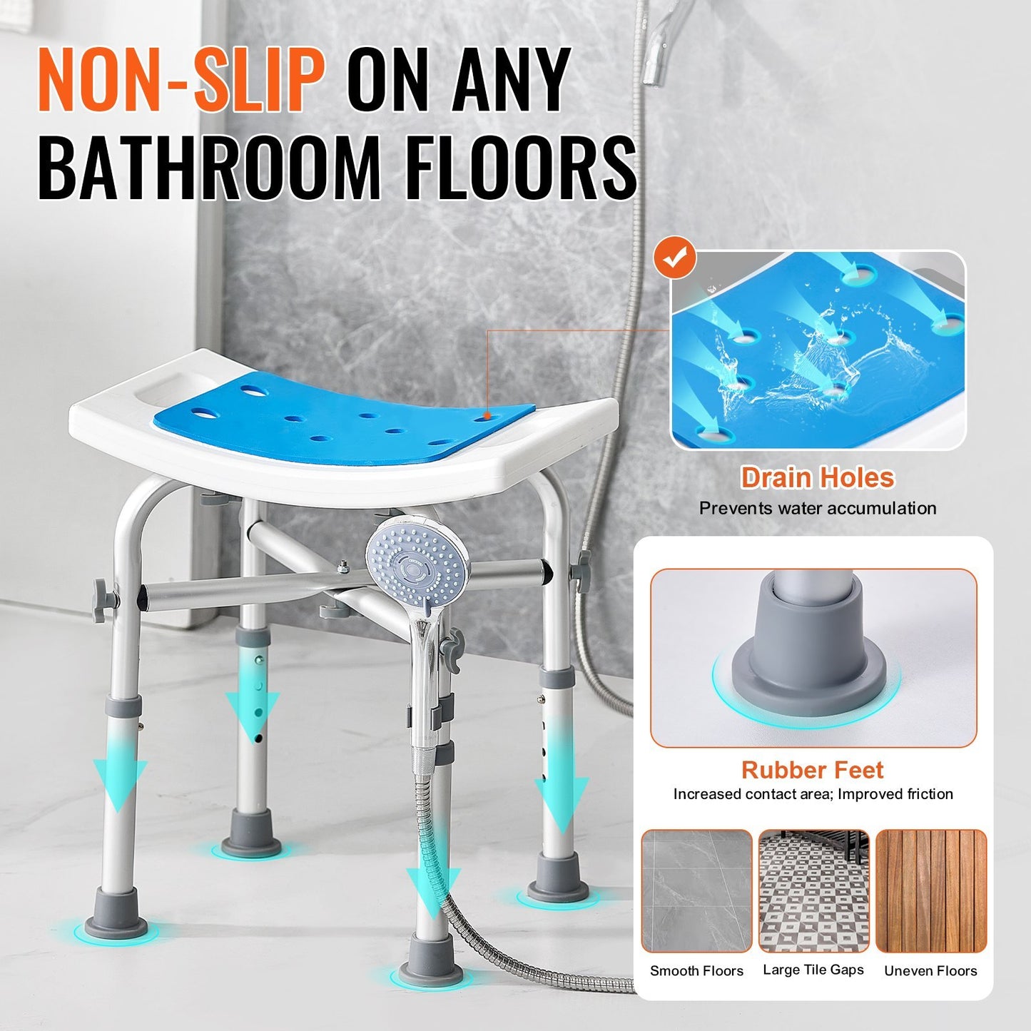 US Local VEVOR Shower Chair For Inside Shower, Adjustable Height Shower Stool With Crossbar Support, Shower Seat For Shower Tub, Non-Slip Bench Bathtub Stool Seat For Elderly Disabled Adults Handicap, 500 Lbs