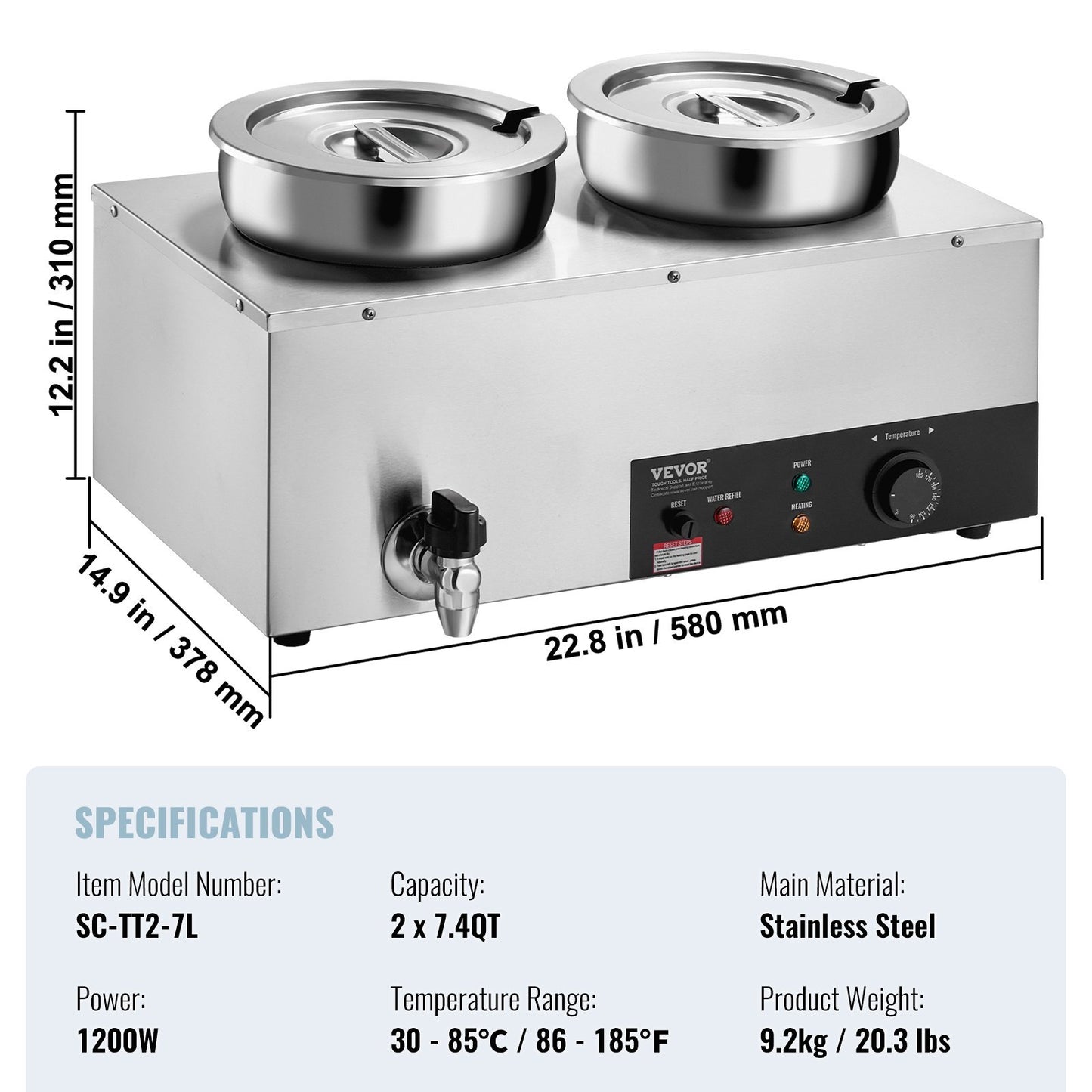 VEVOR Electric Soup Warmer, Dual 7.4QT Stainless Steel Round Pot Adjustable Temp, 1200W Commercial Bain Marie With Anti-dry Burn And Reset Button, Soup Station For Restaurant, Buffet, Silver