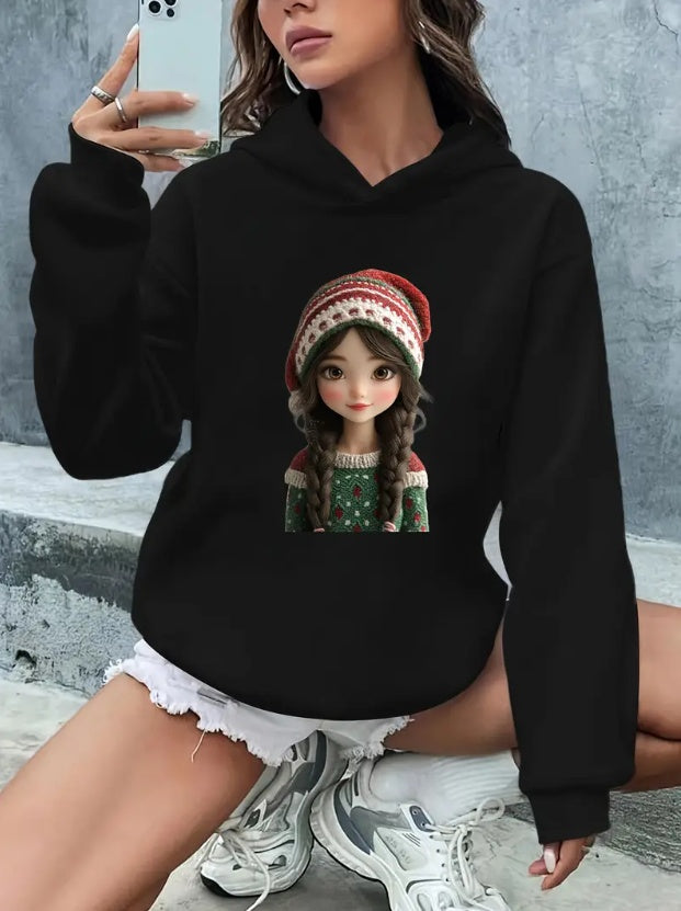 Women'S Casual Rib-Knit Hoodie With Letter & Graphic Print, Polyester Knit Fabric, Hooded Sweatshirt For Fall Winter, Christmas & Halloween Themed Clothing