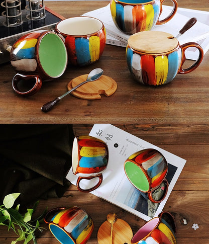 US Local Creative ceramic cup milk cup water cup coffee cup breakfast cup couple cup to cup mug with lid spoon