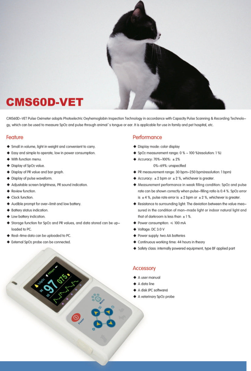 US Local Veterinary Color Display CMS60D-VET Pulse Oximeter Spo2 Probe PR VET Monitor