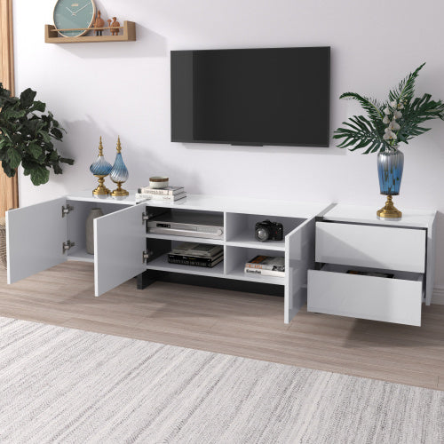 UK Local TV Cabinet, Low Panel With Colorblocked Legs In High-gloss White And Black, With Doors And Drawers, Doors With Shelves. Simple Line Design.