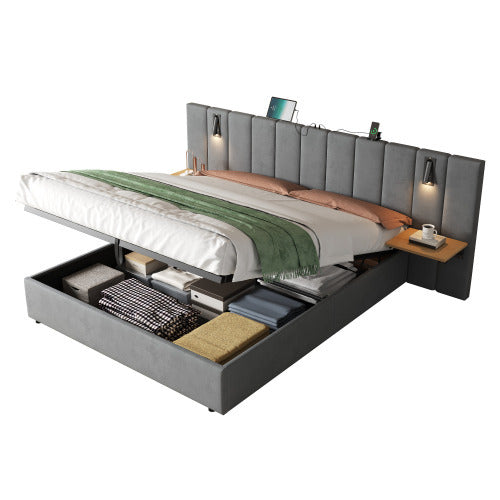 UK Local King Upholstered Bed With Charging Station, Velvet Hydraulic Storage Bed With Reading Light, 5ft King Bed Frame With Channel Tufted Headboard And Adjustable Bedside Shelf, Grey No Mattress