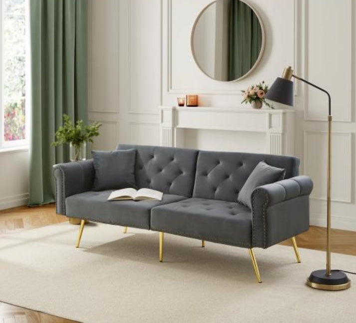 UK Local Modern 2-Seater Sofa Bed Velvet Upholstery, 3 Stage Adjustable Backrest Gold Plated Metal Feet Stylish Sofa With Sleeping Function  Space-Saving Durable Ideal For Small Spaces