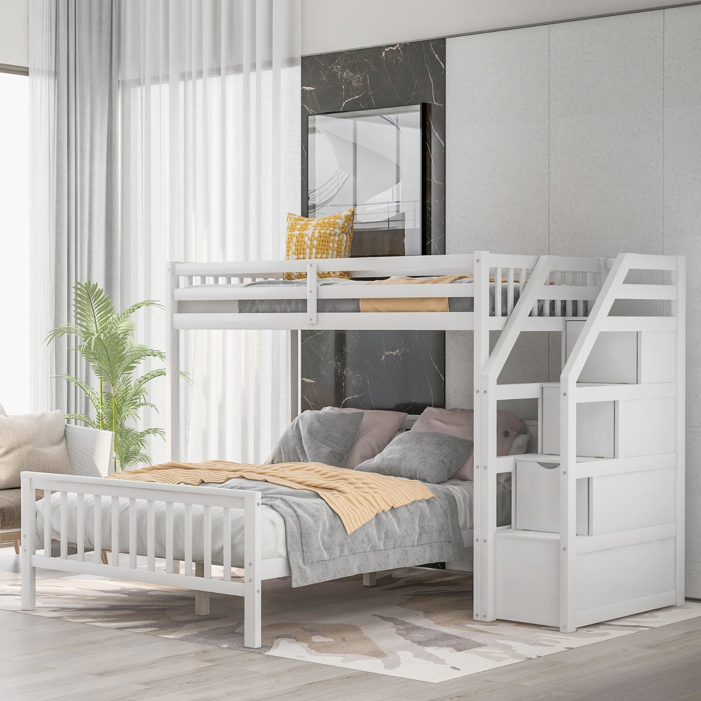 US Local Twin Over Full Loft Bed With Staircase,White