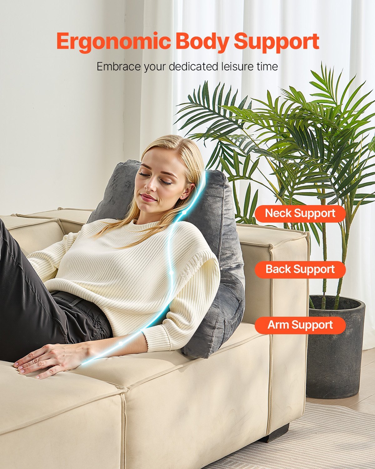 US Local Reading Pillow, Large Size Bed Pillow With Shredded Memory Foam, Back Pillow With 3 Pockets And Washable Short Velvet Cloth, Top With Handle, For Watching TV, Reading, Gaming, Resting, Grey