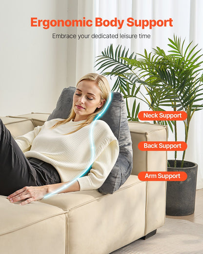 US Local Reading Pillow, Large Size Bed Pillow With Shredded Memory Foam, Back Pillow With 3 Pockets And Washable Short Velvet Cloth, Top With Handle, For Watching TV, Reading, Gaming, Resting, Grey