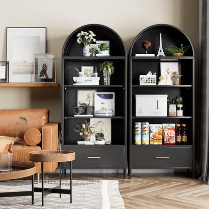 US Local Metal Arched Bookshelf, Accent Arch Kitchen Pantry Cabinet With Drawer For Home Office Bar Living Room Farmhouse Black