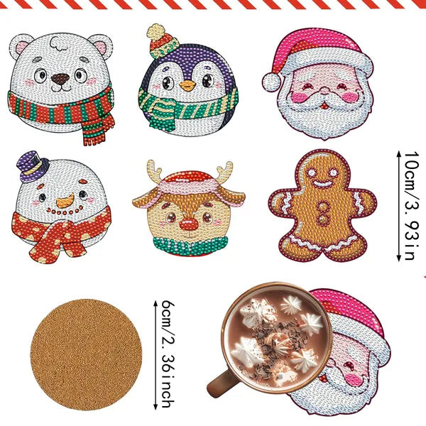 US Local 6 Packs Christmas Rhinestones Art Coasters With Holder Snowman Gingerbread Man Penguin Santa Claus Pattern Gift Non Slip Acrylic Cup Coaster 5D DIY Full Drill Rhinestones Dots Art