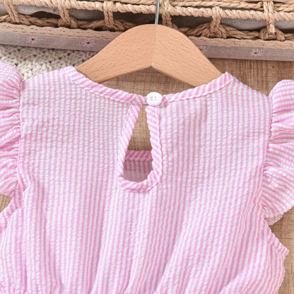 US Local Toddler Girl's Bunny Embroidered Dress, Round Neck Short Sleeve A-Line Dress With Back Button Closure