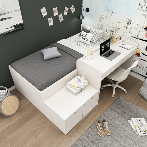UK Local Kids Single Bed With Desk And Drawers, 90 X190 Cm, White, 3ft Kids Wooden Bed With Storage, Single Bed With Slatted Frame, Lying Surface For Teenagers & Adults