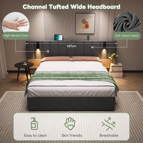UK Local King Upholstered Bed With Charging Station, Velvet Hydraulic Storage Bed With Reading Light, 5ft King Bed Frame With Channel Tufted Headboard And Adjustable Bedside Shelf, Grey No Mattress