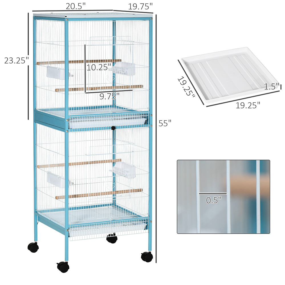 US Local 55inch 2 In 1 Bird Cage Aviary Parakeet House For Finches, Budgies With Wheels, Light Blue