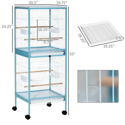 US Local 55inch 2 In 1 Bird Cage Aviary Parakeet House For Finches, Budgies With Wheels, Light Blue