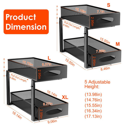 US Local 2Pcs Under Sink Organizer 2 Tier Pull Out Cabinet Baskets Storage Shelf Sliding Storage Drawers Rack With 5 Adjustable Height Mesh Baskets For Home Kitchen Bathroom Office