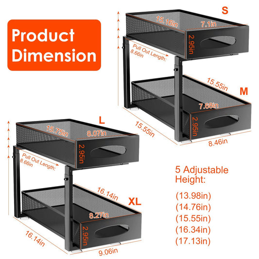 US Local 2Pcs Under Sink Organizer 2 Tier Pull Out Cabinet Baskets Storage Shelf Sliding Storage Drawers Rack With 5 Adjustable Height Mesh Baskets For Home Kitchen Bathroom Office