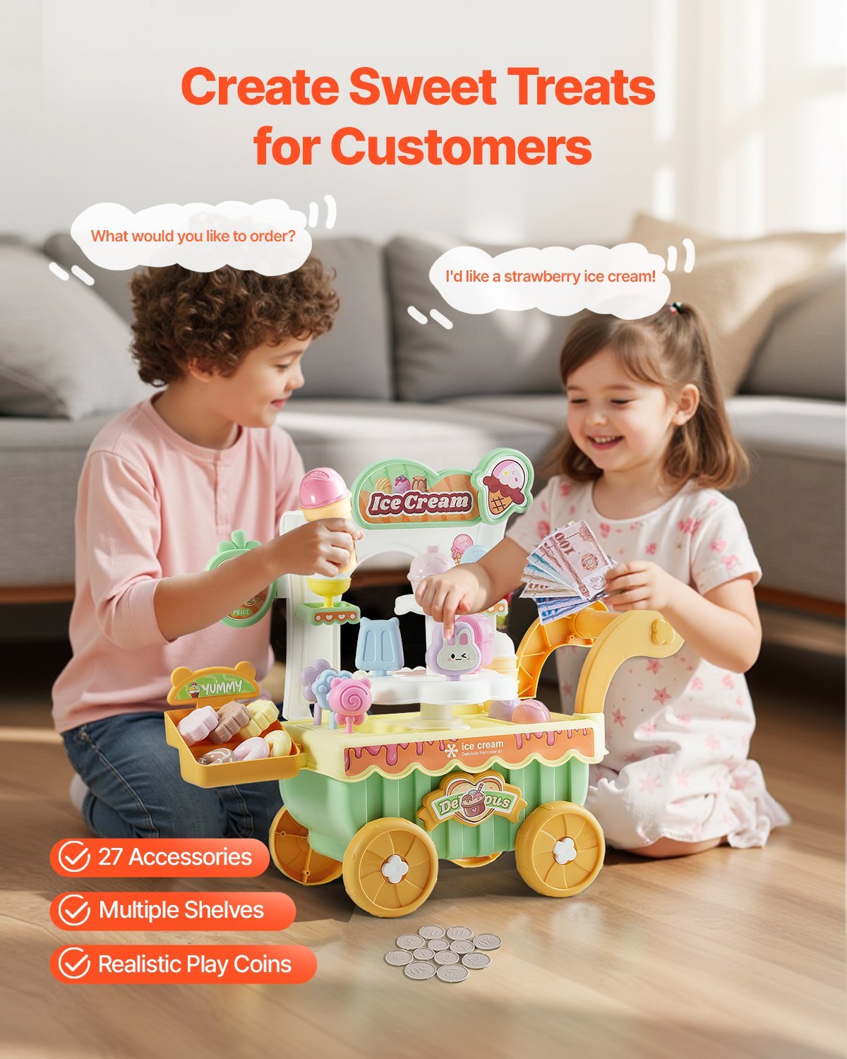 US Local Ice Cream Cart For Kids Pretend Play Ice Cream Shop For Kids