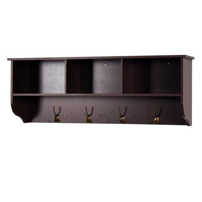 US Local Espresso Entryway Wall Mounted Coat Rack With 4 Dual Hooks Living Room Wooden Storage Shelf