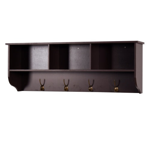 US Local Espresso Entryway Wall Mounted Coat Rack With 4 Dual Hooks Living Room Wooden Storage Shelf