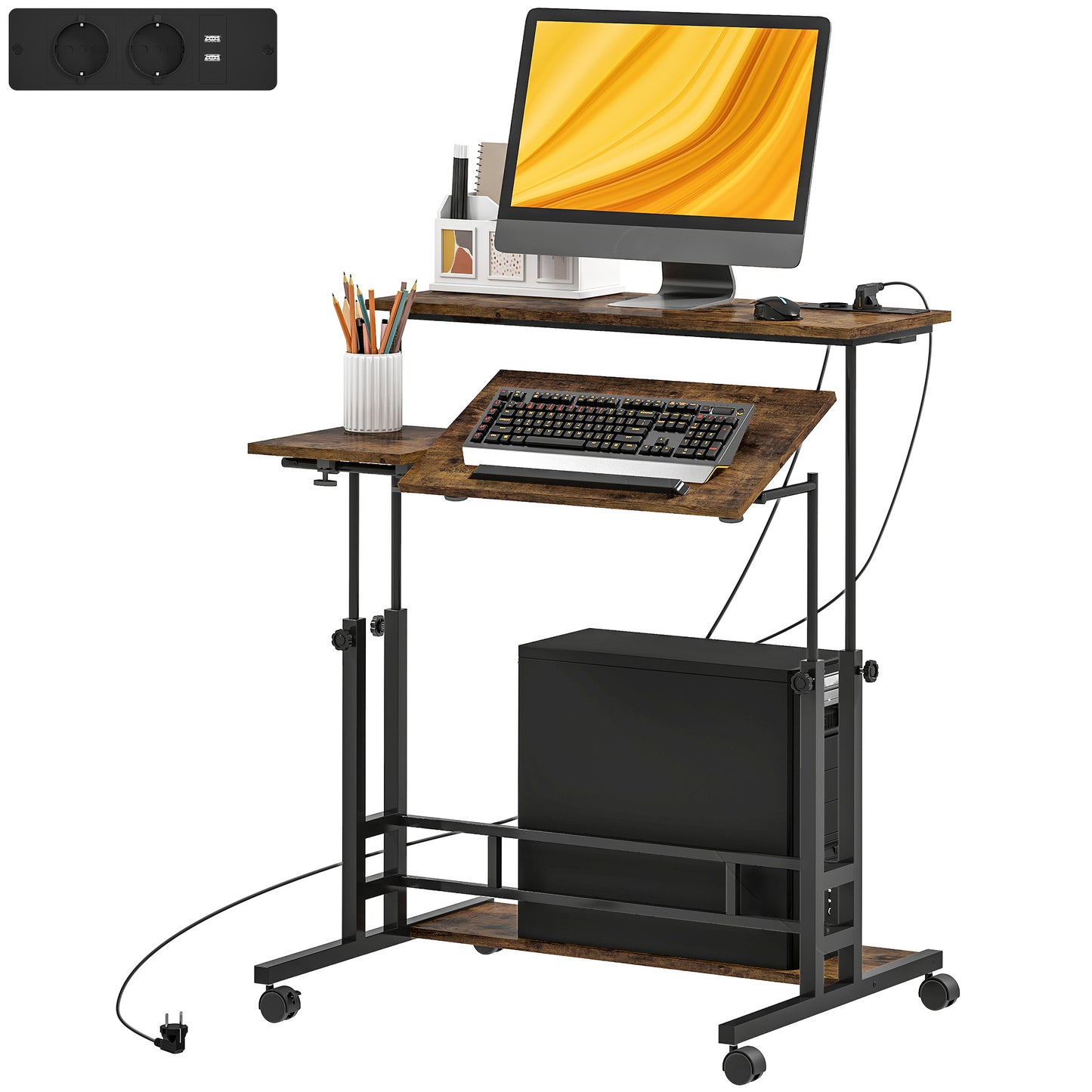 US Local Adjustable Standing Desk With Power Outlets, Stand Up Desk With Tiltable Tabletop, Wheels, Shelf, For Home Office, Brown