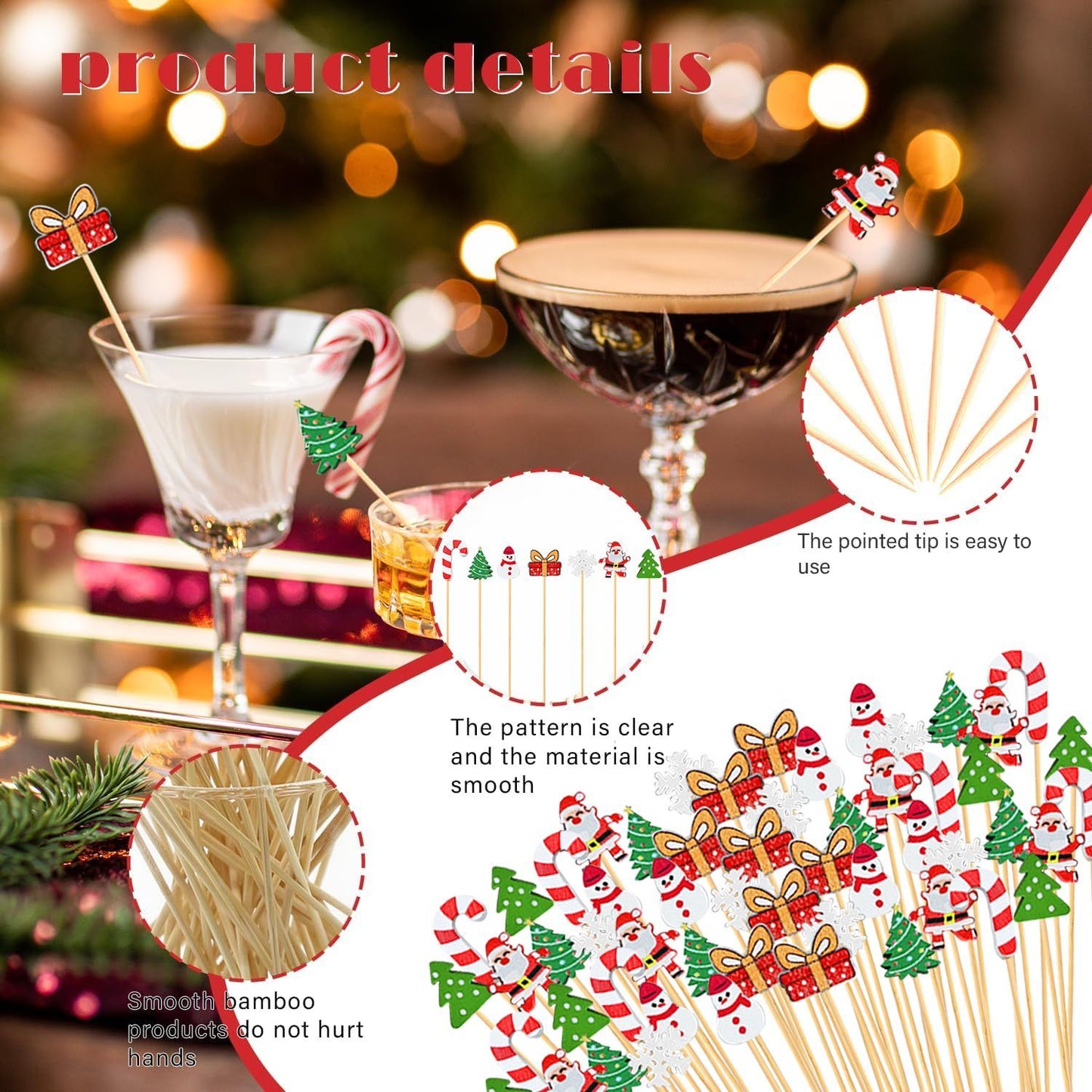 US Local Christmas Cocktail Pick Xmas Tree Snowflake Snowman Santa Claus Reindeer Pattern Sticks Cupcake Fruit Food Appetizer Skewers 4.9 In Bamboo Toothpicks For Christmas Holiday Party Favor Supplies